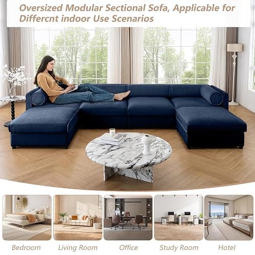 HUMEHA Oversized Modular Sectional Sofa, 142.5" Chenille U-Shaped Sofa with Cylindrical Backrest & Armrest, Modern Comfy 4-Seat Sofa with 2 Ottoman, Upholstered Deep Seat Couch for Living Room, Blue - 4-Seat + 2 Ottoman - Blue thumbnail 6