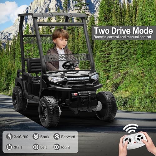 24V 2 Seater Kids Ride on Car, 4WD Golf Cart with Parent Remote Control, 4x4 Motors Ride on Truck with Roof, Toddler Electric Vehicle with Storage Box, Foot Pedal, Music Player, Lights, Horn, Black thumbnail 3
