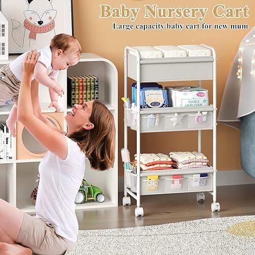 3-Tier Baby Diaper Caddy Cart Organizer,Mobile Nursery Organization with Wheels,with 2 Dividers & 14 Mesh Pockets Durable Metal Utility Cart for Nursery, Bedroom, Bathroom Essentials Organization - 17"Wx11"Dx32.45"H - White thumbnail 4