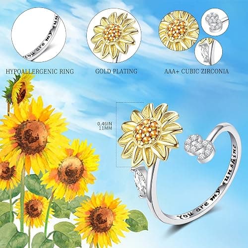 Fidget Rings for Anxiety for Women Sunflower Initial Letter Spinner Open Adjustable Ring CZ Daisy Stress Relieving Rings Jewelry Gift for Women Valentine's Day You are My Sunshine Ring thumbnail 4