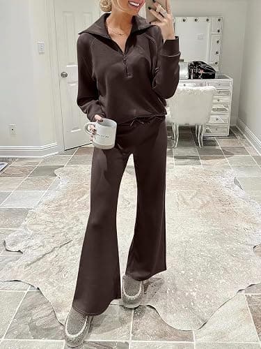 ANRABESS Women 2 Piece Outfits 2025 Fall Fashion Airport Wide Leg Pants Lounge Set Leisure Travel Vacation Clothes Sweatsuits thumbnail 9