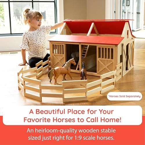 Fat Brain Toys Rustic Ridge Stable, Wooden Horse Pretend Playset with 2 Stalls and Fence, Imaginative Farm Play for Preschoolers, Kids Ages 3+ thumbnail 2