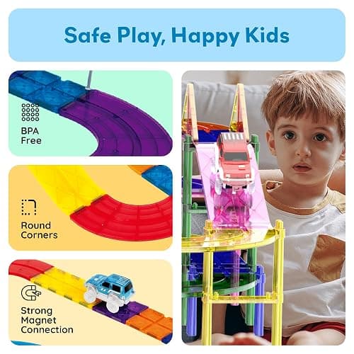 PicassoTiles 100 PCs Race Car Track Set Magnetic Toy Building Block with 2 LED Cars with Height Adjustable Roads Signs Education STEM Building Kit Learning Construction Fun for Boys & Girls Ages 3+ thumbnail 4