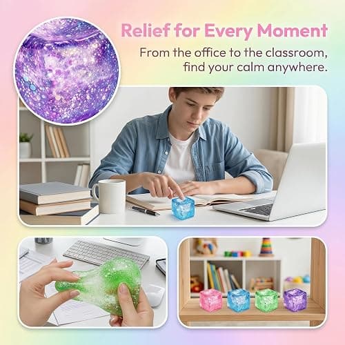 4 Pack Glitter Ice Cube Squishy Fidget Toys, Squishy Cube Stress Balls for Adults & Kids, Slow Rising Stress Relief Toys, Squeeze Ball Filled with Thick Substance and Glitter thumbnail 4