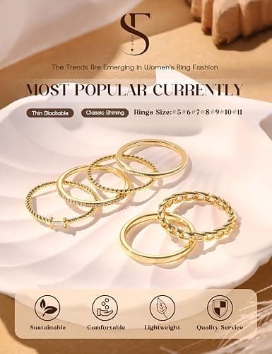 14K Gold Plated Stackable Rings for Women Statement Band Ring Set Size 5-11 | 6PCS, Non Tarnish, Waterproof, Cubic Zirconia, Dainty Trendy Stacking Thin Thumb Ring Stack, Gold/Silver Color, Daily, Gifts thumbnail 3
