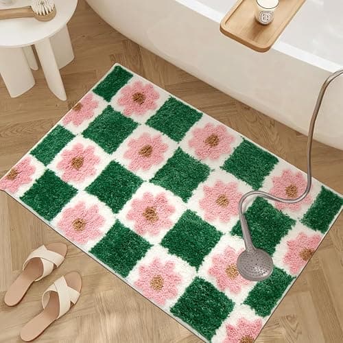ORTIGIA Cute Green Bathroom Rug Checkered Pink Floral Bath Mat Soft Microfiber Non Slip Washable Absorbent Rugs for Laundry Sink Floor Decor, 20x32 inch thumbnail 7