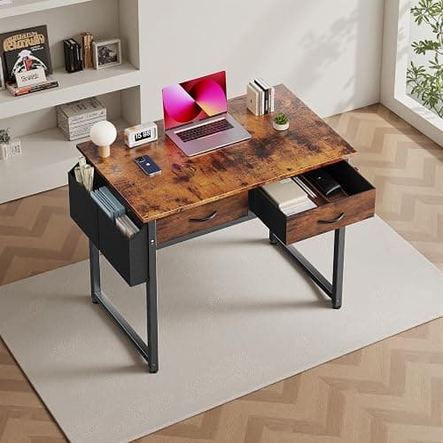 DUMOS 32" Home Office Computer Desk with Drawers, Small Gaming Writing Study Table with Storage Side Bag, Headphone Hook and Adjustable Feet for Bedroom Rustic Brown thumbnail 9