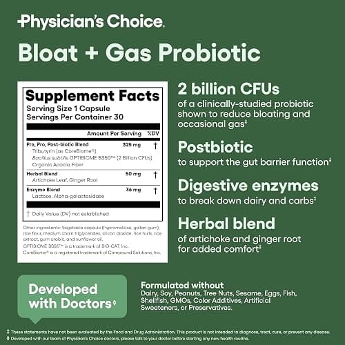 Physician's CHOICE Bloat & Gas Probiotic 5-in-1 Proactive Support + Daily Relief - Digestion & Gut Health- Herbals, Digestive Enzymes, Post & Prebiotics - Gas Relief for Adults - Women & Men - 30ct thumbnail 6