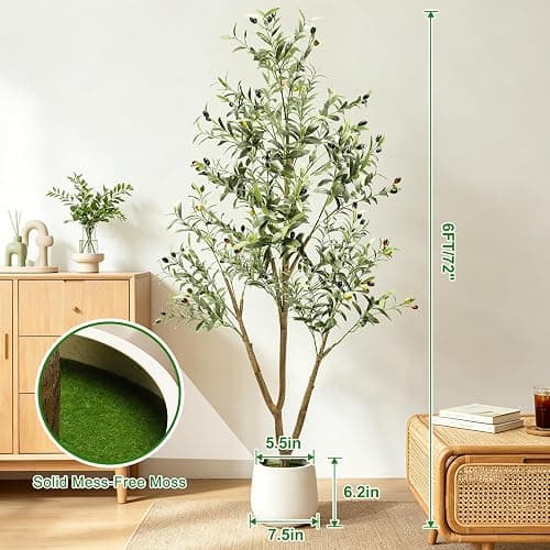 6FT Artificial Olive Tree with Lights & Planter, Realistic Faux Olive Plant | Realistic Silk Olive Tree For Living Room & Home Office, With Lifelike Fruits, Warm Lights, Planter & Natural Decor Design thumbnail 3