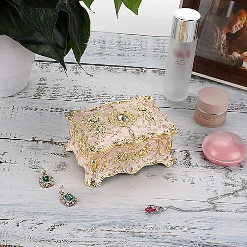 Hipiw Vintage Jewelry Organizer Box - Metal Trinket Storage Box Ornate Treasure Chest Box Jewelry Decorative box Keepsake Gift Box Case for Women,4.9"x3.4"x2.7" - M - Beige thumbnail 3