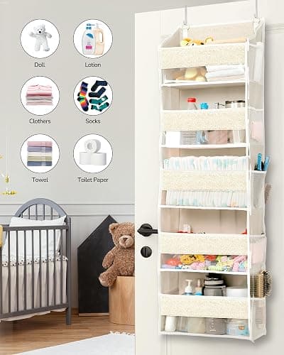 ULG 1 Pack Over Door Organizer with 5 Large Pockets 10 Mesh Side Pockets, Upgraded Linen Texture Over The Door Storage, 44 lbs Weight Capacity Hanging Storage Organizer, Ivory thumbnail 9