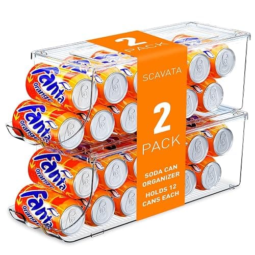 SCAVATA 2 Pack Soda Can Organizer for Refrigerator, Stackable Canned Food Pop Cans Container Can Holder Dispenser with Lid for Fridge Rack Freezer, Clear Storage Bins-Holds 12 Cans Each (Clear) - Image 1