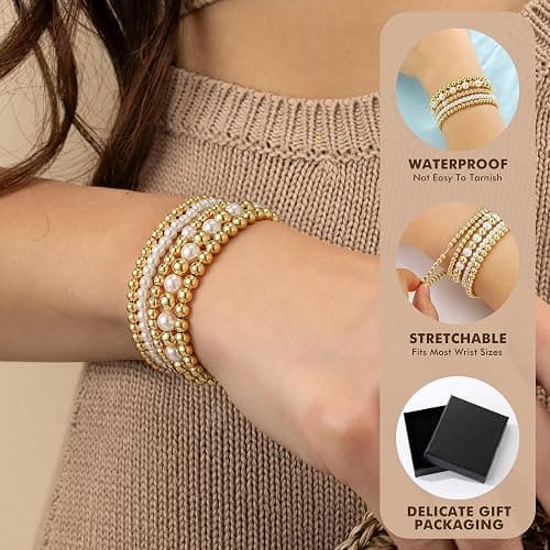 Yoosteel Gold Beaded Bracelets Set for Women Teen Girl Gifts Non Tarnish - 14K Gold Plated Dainty Round Bead Ball Pearl Cross Bracelet Stack for Women Teenage Girls Stackable Jewelry Christmas Gifts thumbnail 5