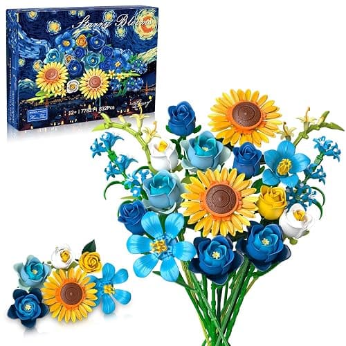 Blue Rose Flowers Valentines Gifts - Bouquet Building Set Compatible with Lego Flowers for Adults Women, Van Gogh's Starry Night and Sunflowers Style, Christmas Mother's Day Home Decor - Image 1