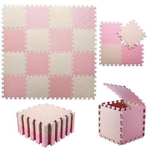 Foam Play Mat for Baby, 0.4 Inch Thick Foam Interlocking Floor Mats, Soft Non-Toxic Baby Playmat, Solid Colored Puzzle Play Mat Kids Floor Mats, 16 Tiles, Beige/Loli Pink - Beige/Loli Pink - Image 1