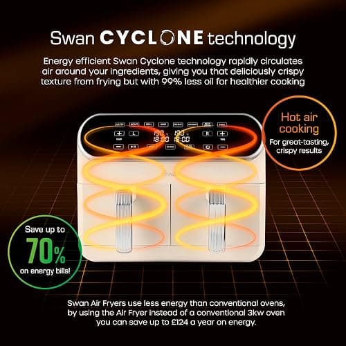 Swan SD10519C Retro Dual Basket Air Fryer with Swan Cyclone Technology, LED Display, 8 Pre-Set Cooking Options, Adjustable Temperature, 8L, 1700W, Cream thumbnail 4