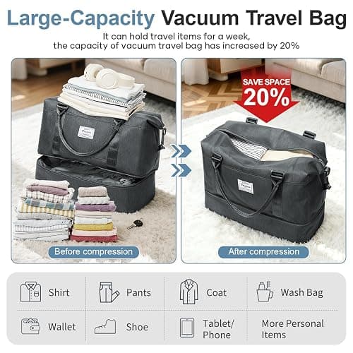 Weekender Bags for Women,Vacuum Overnight Travel Duffel Bag with Compression Pocket & Air Pump, Personal Item Travel Bag thumbnail 3