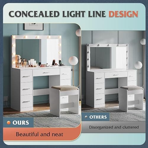 WLIVE White Vanity Desk with Large Mirror and Lights, Makeup Table w/7 Drawers & Power Outlets, Modern Vanity Table Set with Chair, Dressing Table for Bedroom Dressing Room Girl thumbnail 7