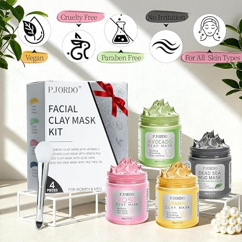 Pjordo 4 Pcs Clay Mask for Face(360g in total), Turmeric Vitamin C, Dead Sea Mud, Green Tea Avocado, Rose, Face Mask Skincare for Pore Cleansing, Facial Clay Mask Set Gifts for Women, 3.17 Oz Each thumbnail 9