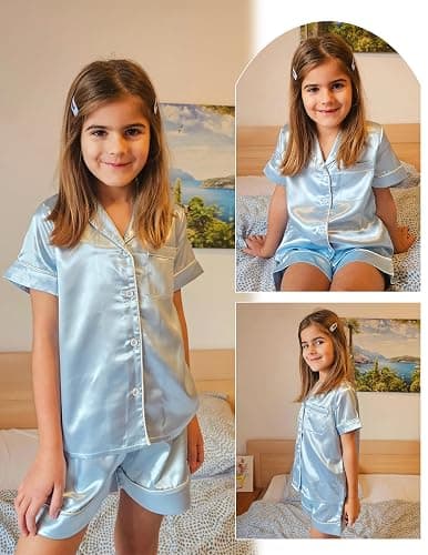 Arshiner Girls Pajamas Silk Satin Pajama Sleepwear Button Down Kids Pj Set | Soft Comfortable Silky Fabric, 2-Piece Pjs, Cute Pajamas for Little & Big Girls, Ideal for Lounging and Sleeping thumbnail 6
