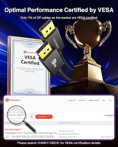 IVANKY VESA Certified 8K DisplayPort Cable 1.4, 6.6ft DP Cable Supports HDR | Display Port Cable, 8K@60Hz, 4K@240Hz, 2K@240Hz, HBR3, 32.4Gbps, HDCP 2.2, FreeSync G-Sync, for Gaming Monitor, Graphics, PC thumbnail 2