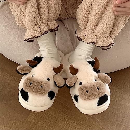 Fuzzy Cow Slippers for Women Men, Cute Cotton Animals House Shoes Fluffy Plush Slippers for Girls Indoor Living Room Bedroom thumbnail 2