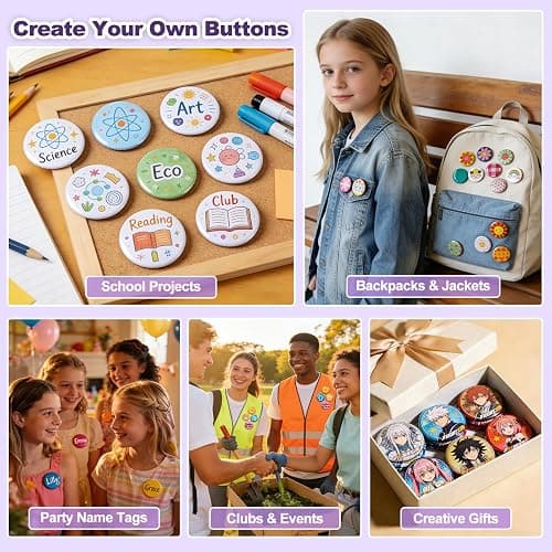 Happizza Button Maker Machine 58mm/2.25in, Pin Maker Machine Kit with 30 Buton Parts, DlY Badge Maker, Purple Button Press Machine, Perfect Beginner Experience Kit, Ideal for School, Parties, Events thumbnail 5