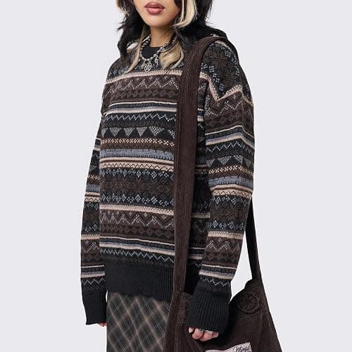Women Y2K Argyle Striped Pullover Sweater Casual Long Sleeve Round Neck Vintage Preppy Style Pullover Knitwear thumbnail 5