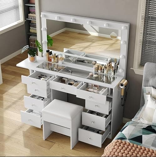 FUSOU Vanity Desk with Power Outlet, 9 Drawers Makeup Vanity with Mirror and 12 LED Lights, 3 Lighting Modes, Glass Top Vanity Set, Fold-up Panel, Dressing Table for Bedroom thumbnail 7