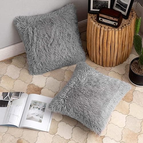 ANRODUO Pack of 2 Grey Throw Pillow Covers Luxury Fluffy Pillows Faux Fur Decorative Pillows Plush Cushion Case Fuzzy Mongolian Merin Style for Bed Couch Sofa and Living Room Home Decor 18x18 Inch - 18" x 18" (Pack of 2) - Grey thumbnail 2