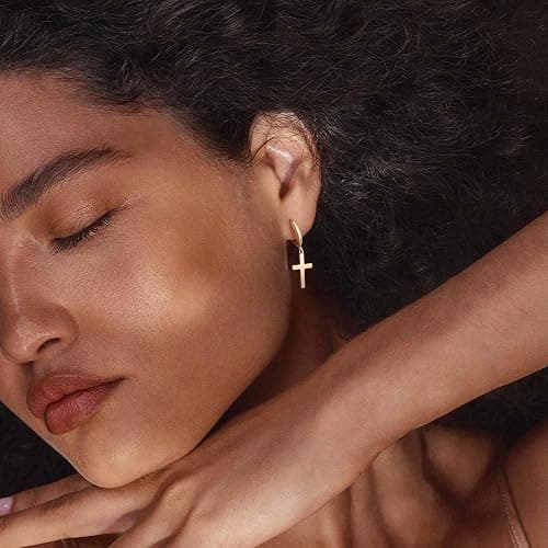 Gold Dangle Drop Hoop Earrings for Women Men Gold Plated Dainty Earrings Hypoallergenic Star Cross Huggie Hoops Jewelry for Everyday Wear thumbnail 5