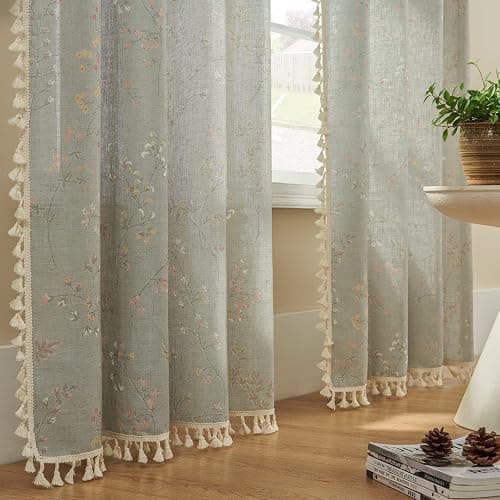Joydeco Blue Floral Boho Curtains 84 Inch Length 2 Panels, Super Soft Bohemian Farmhouse Curtains with Tassels, Semi Sheer Light Filtering Drapes for Bedroom Living Room (Rod Pocket, 52Wx84L) - Floral 2 - 52"W x 84"L (Pack of 2) thumbnail 6