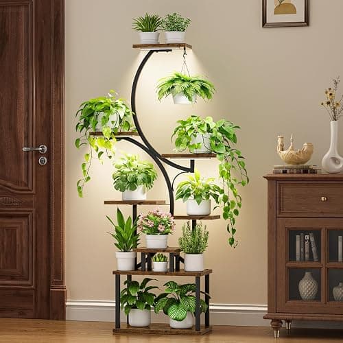 Plant Stand Indoor with Grow Lights - 62" Tall Plant Shelf, Lighted Corner Plant Stands for Indoor Growing, 8 Tiered Large Flower Holder, S-Shaped Decorative Rack for Living Room, Black, Patent Design thumbnail 3