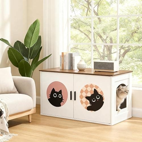 HOOBRO Cat Litter Box Enclosure with Cute Cat Patterns and Arched Entrance, Hidden Litter Box Enclosure Furniture, 31.3"L x 17.7"W x 17.3"H, Litter Box Cabinet, Side Table, White and Walnut WH08MW01 thumbnail 3