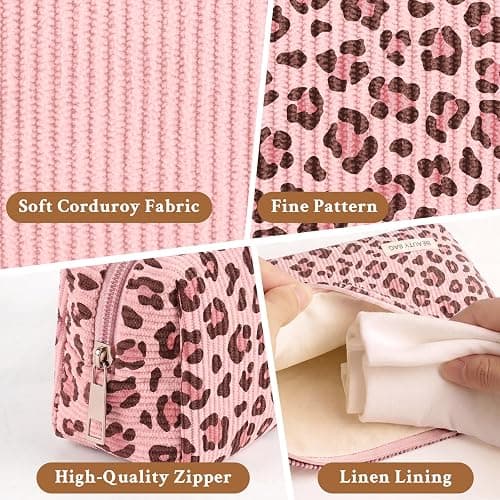 Makeup Bag Set，3 Pcs Initial Makeup Bag, Corduroy Cosmetic Bag with Zipper Closure，Cute Make Up Bag Purses Pouch Travel Toiletry Bag for Women Girls Friend Personalized Gifts (Pink Leopard Print) thumbnail 3