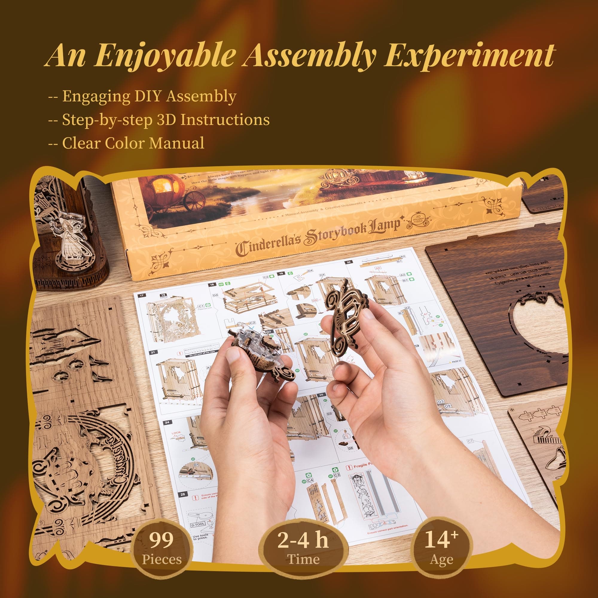 Cinderella LED 3D Wood Puzzle Nightlight – DIY Storybook Book – 3D Wood Puzzle Gifts, Home Décor for Kids and Adults thumbnail 5