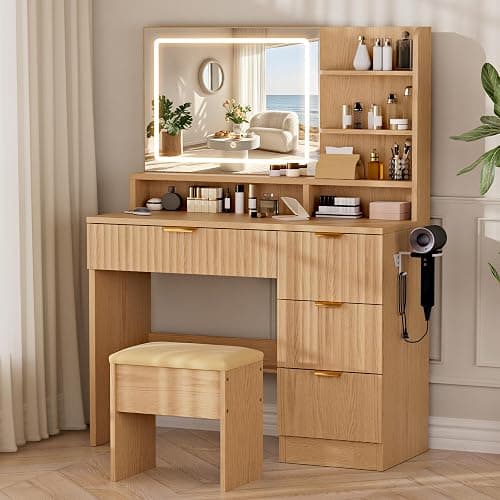 LIVELYGLOW 35.4" Wooden Makeup Vanity Set with Charging Station & Stool | Smart LED Mirror, Fluted Design, Cushioned Stool, Hairdryer Rack - Image 1