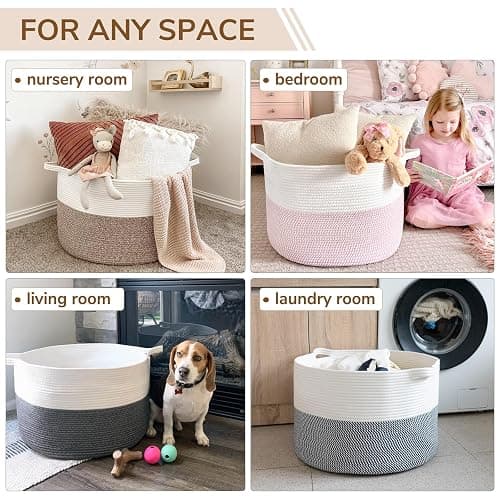 INDRESSME XXXLarge Cotton Rope Basket 21.7" x 21.7" x 13.8" Woven Baby Laundry Blanket Baskets Toy Burr Basket with Handle Storage Comforter Cushions for Christmas Thread Laundry Hamper thumbnail 9