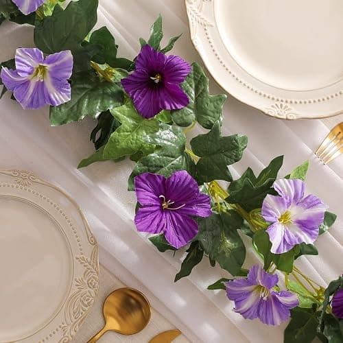 Floweroyal 6 Pack Artificial Flower Garlands 15.8FT Fake Morning Glory Vines Silk Flowers Hanging Garland Ivy for Wedding Arch Party Home Garden Wall Decor (Purple) thumbnail 5