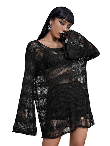 Verdusa Women's See Through Round Neck Drop Shoulder Sweater Long Flare Sleeve Knit Top - Image 1