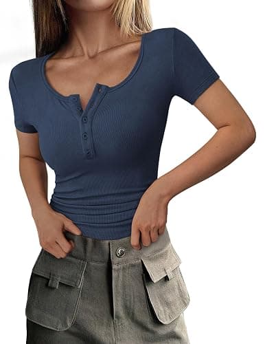 PRETTYGARDEN Women's 2025 Fall Summer Short Sleeve Tops Ribbed Henley Button Slim Fit Basic Casual T Shirts Blouse Clothing - Image 1