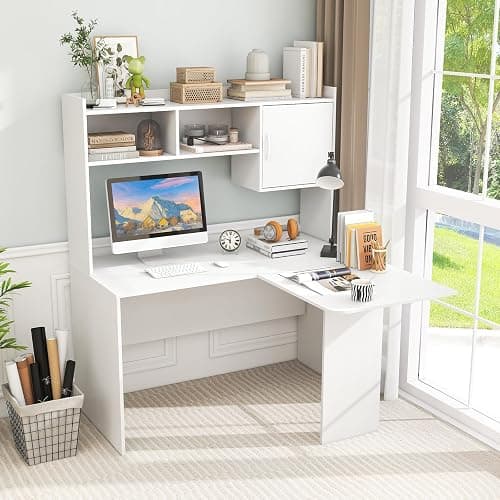 Giantex L Shaped Desk with Hutch, White Corner Desk with Storage Shelf & Cabinet, Laptop PC Table Gaming Computer Table Workstation, Modern Executive Study Writing Desk for Home Office, Bedroom thumbnail 7