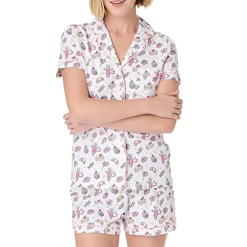 Womens Pajamas Set Button Down 2 Piece Cute Monkey Bunny Y2k Preppy Heart Pjs Sets Lounge Comfy Sleepwear thumbnail 5