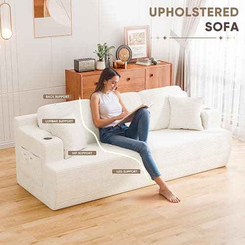 Homall 87” Boneless Sofa Couch with 2 Pillows Extra Deep Seats, Corduroy Fabric 3 Seater with Cup Holder & Storage Pocket Upholstered Floor Easy Installation (White, 3 Seater) thumbnail 3