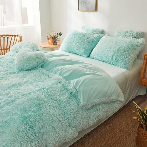 FOPPA Green Comforter Cover Set - Ultra Soft Plush Bedding Set (1 Faux Fur Duvet Cover + 2 Faux Fur Pillow Cases) Mint Green, Queen thumbnail 4