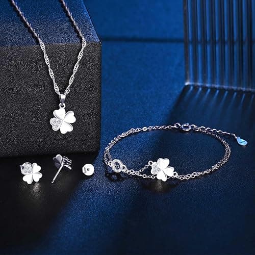 MICMIF 3 Stück Silber 925 Vierblättriges Kleeblatt Schmuck Set für Damen Mädchen: Kleeblatt Ohrstecker + Ketten Armband + Kette Anhänger Kleeblatt - Klee Halskette Armband und Ohrringe Set thumbnail 5