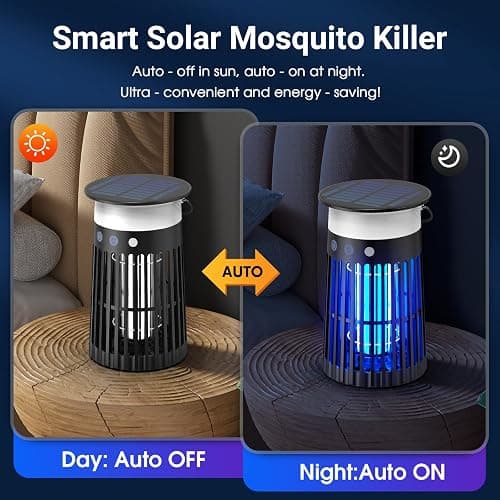 Solar Bug Zapper Outdoor, Portable Electric Mosquito Killer with Panel Sensor, Rechargeable Insect Trap with LED Night Light and Flame Effect, Ideal for Outside Patio, Backyard, and Camping (1 Pack) - Modern thumbnail 3