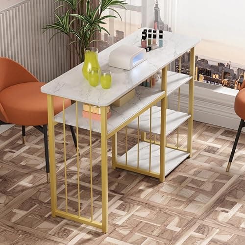 Zucebos Nail Desk with 3-Tier Shelves, Modern Manicure Table with Marble Top and Gold Frame, Nail Tech Desk for Beauty Salon Spa White thumbnail 7
