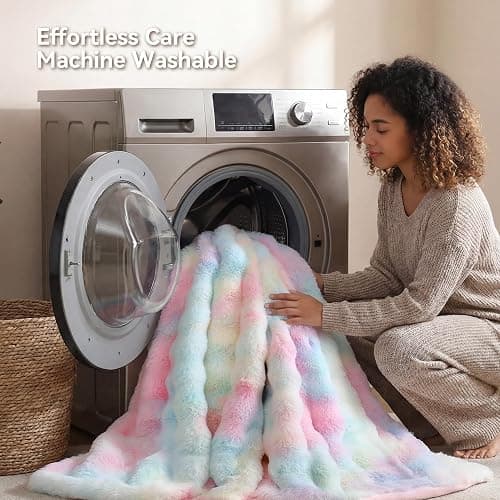 Smoofy Faux Rabbit Fur Throw for Couch - Rainbow Bubble Blanket 50"x60" | Fluffy Plush Fuzzy Colorful Throw for Sofa & Bed, Super Soft Cozy Comfort Blanket, Luxury Rainbow Decor Gift for Women thumbnail 8