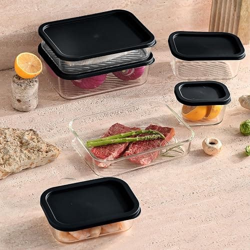 EATEX 7 Pack Glass Meal Prep Containers with Grooved Base, 7 Stackable BPA Free Glass Storage Containers with Lids for Lunch, Pantry, and Kitchen - Microwave, Dishwasher Freezer & Oven Safe - Black thumbnail 8